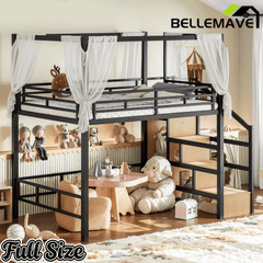 Bellemave® Loft Bed with Storage Stairs, Wardrobe, Canopy Support Pole, Metal Loft Bed Frame for Adults & Teens, Canopy can be Disassembled, Black+Natural Wood - Bellemave