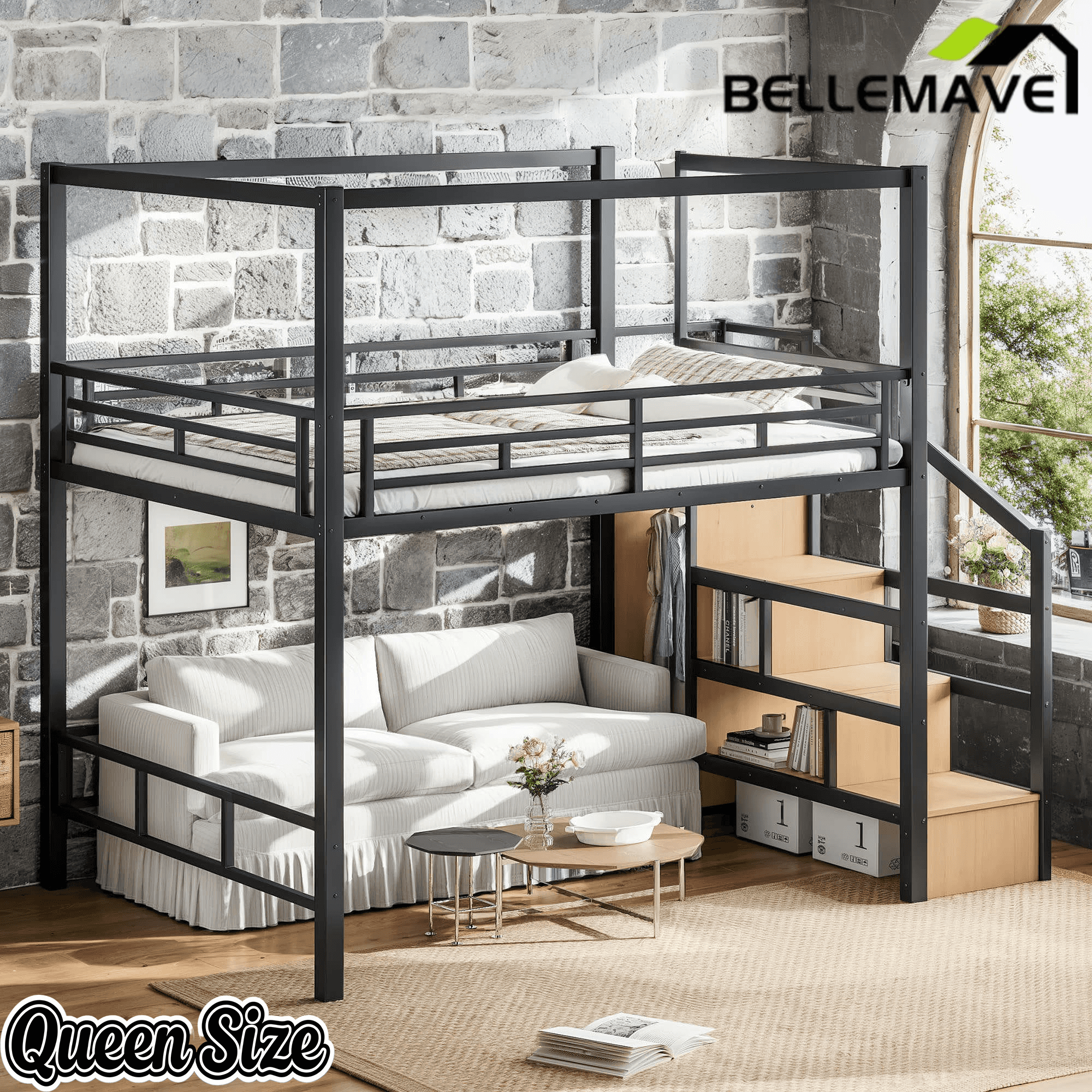 Bellemave® Loft Bed with Storage Stairs, Wardrobe, Canopy Support Pole, Metal Loft Bed Frame for Adults & Teens, Canopy can be Disassembled, Black+Natural Wood - Bellemave