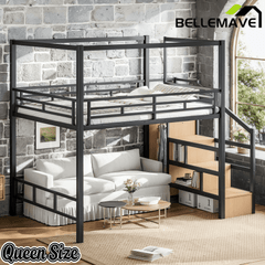 Bellemave® Loft Bed with Storage Stairs, Wardrobe, Canopy Support Pole, Metal Loft Bed Frame for Adults & Teens, Canopy can be Disassembled, Black+Natural Wood - Bellemave