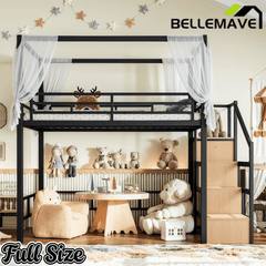 Bellemave® Loft Bed with Storage Stairs, Wardrobe, Canopy Support Pole, Metal Loft Bed Frame for Adults & Teens, Canopy can be Disassembled, Black+Natural Wood - Bellemave