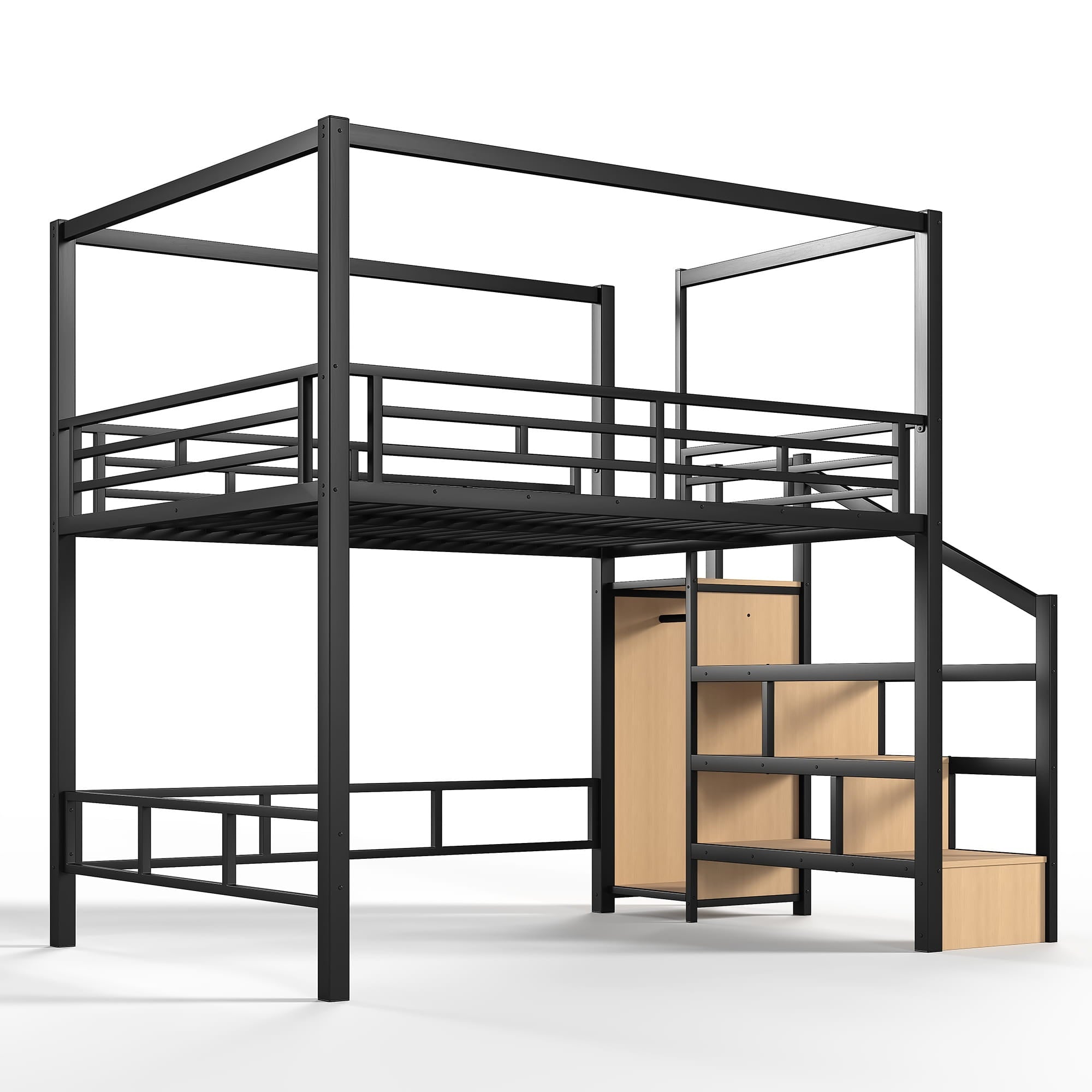 Bellemave® Loft Bed with Storage Stairs, Wardrobe, Canopy Support Pole, Metal Loft Bed Frame for Adults & Teens, Canopy can be Disassembled, Black+Natural Wood - Bellemave