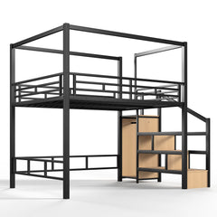 Bellemave® Loft Bed with Storage Stairs, Wardrobe, Canopy Support Pole, Metal Loft Bed Frame for Adults & Teens, Canopy can be Disassembled, Black+Natural Wood - Bellemave