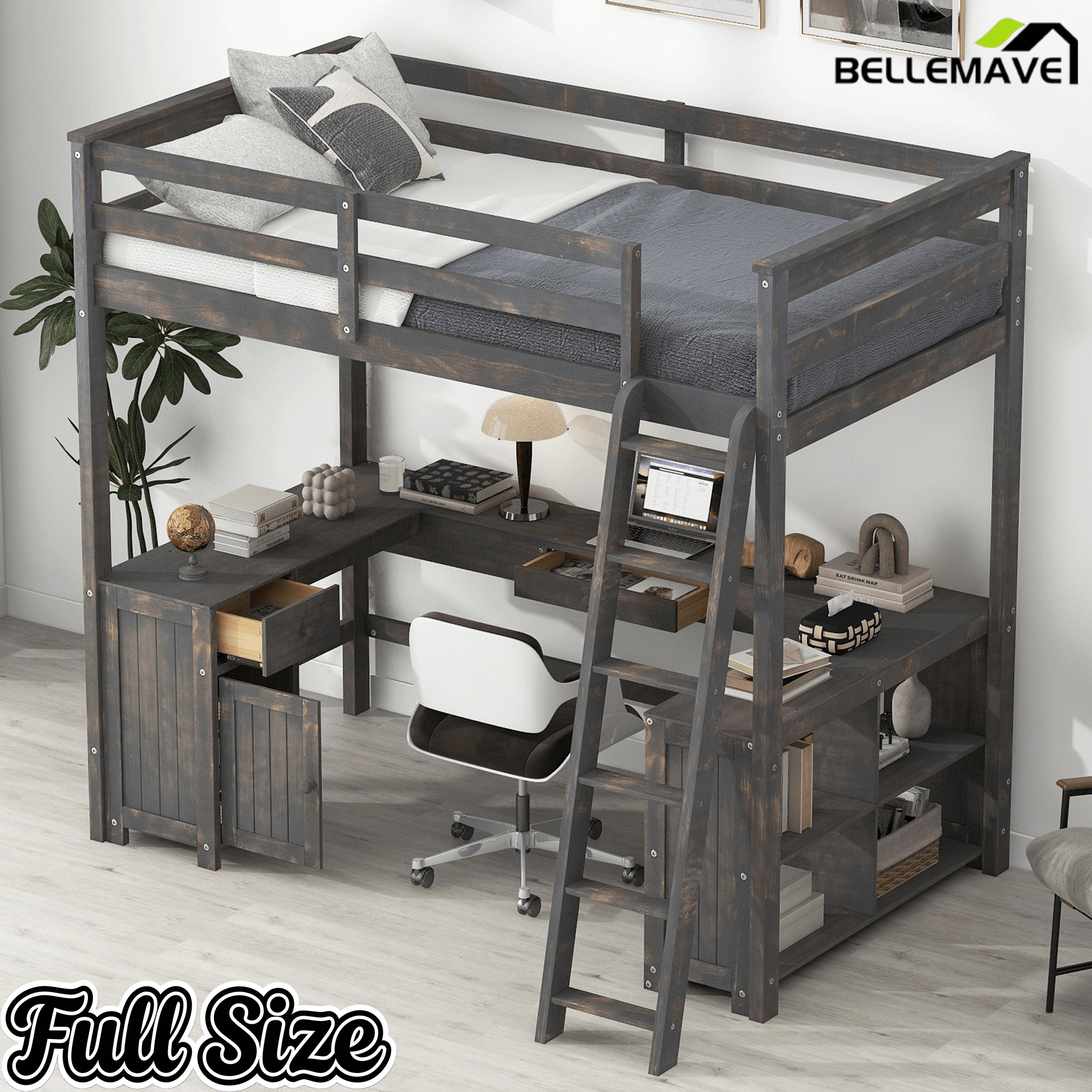 Bellemave® Loft Bed with U - Shaped Desk,Drawers,Full - Length Guardrails,Ladder & Storage Shelves,Antique Brown - Bellemave
