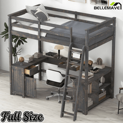 Bellemave® Loft Bed with U - Shaped Desk,Drawers,Full - Length Guardrails,Ladder & Storage Shelves,Antique Brown - Bellemave