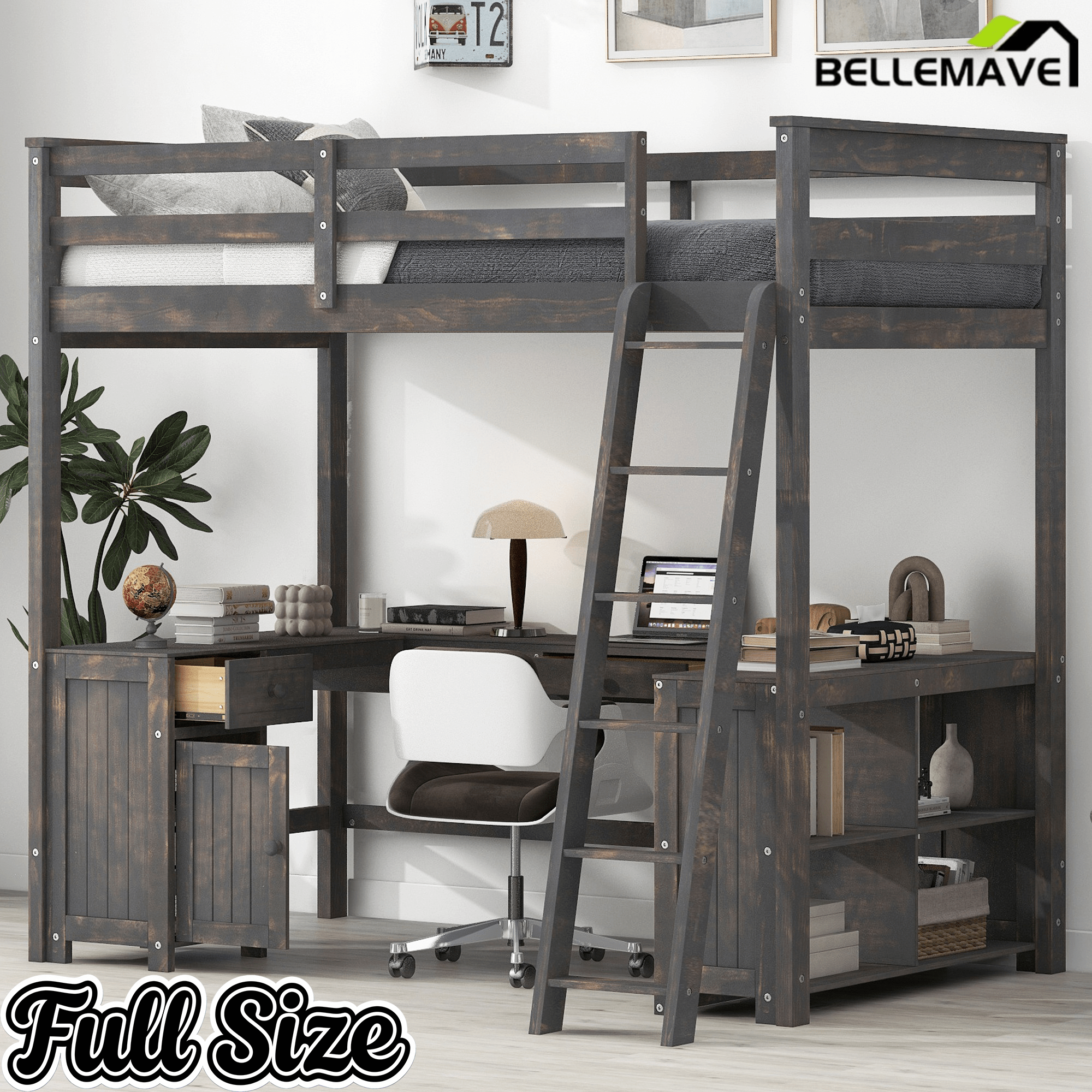 Bellemave® Loft Bed with U - Shaped Desk,Drawers,Full - Length Guardrails,Ladder & Storage Shelves,Antique Brown - Bellemave