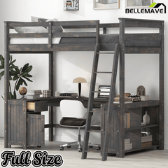 Bellemave® Loft Bed with U - Shaped Desk,Drawers,Full - Length Guardrails,Ladder & Storage Shelves,Antique Brown - Bellemave