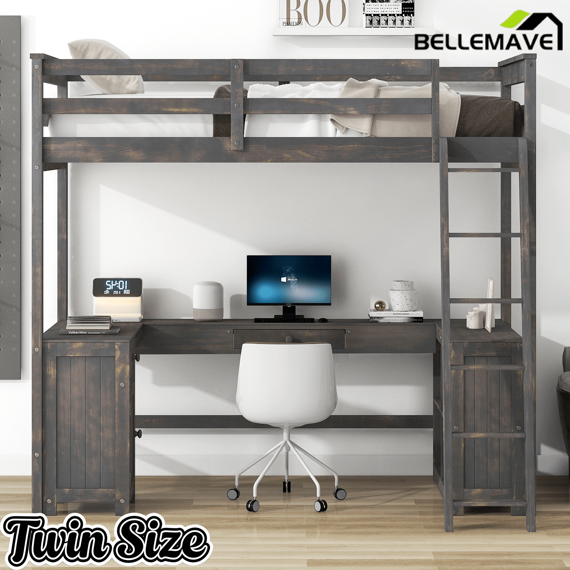 Bellemave® Loft Bed with U - Shaped Desk,Drawers,Full - Length Guardrails,Ladder & Storage Shelves,Antique Brown - Bellemave