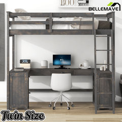 Bellemave® Loft Bed with U - Shaped Desk,Drawers,Full - Length Guardrails,Ladder & Storage Shelves,Antique Brown - Bellemave