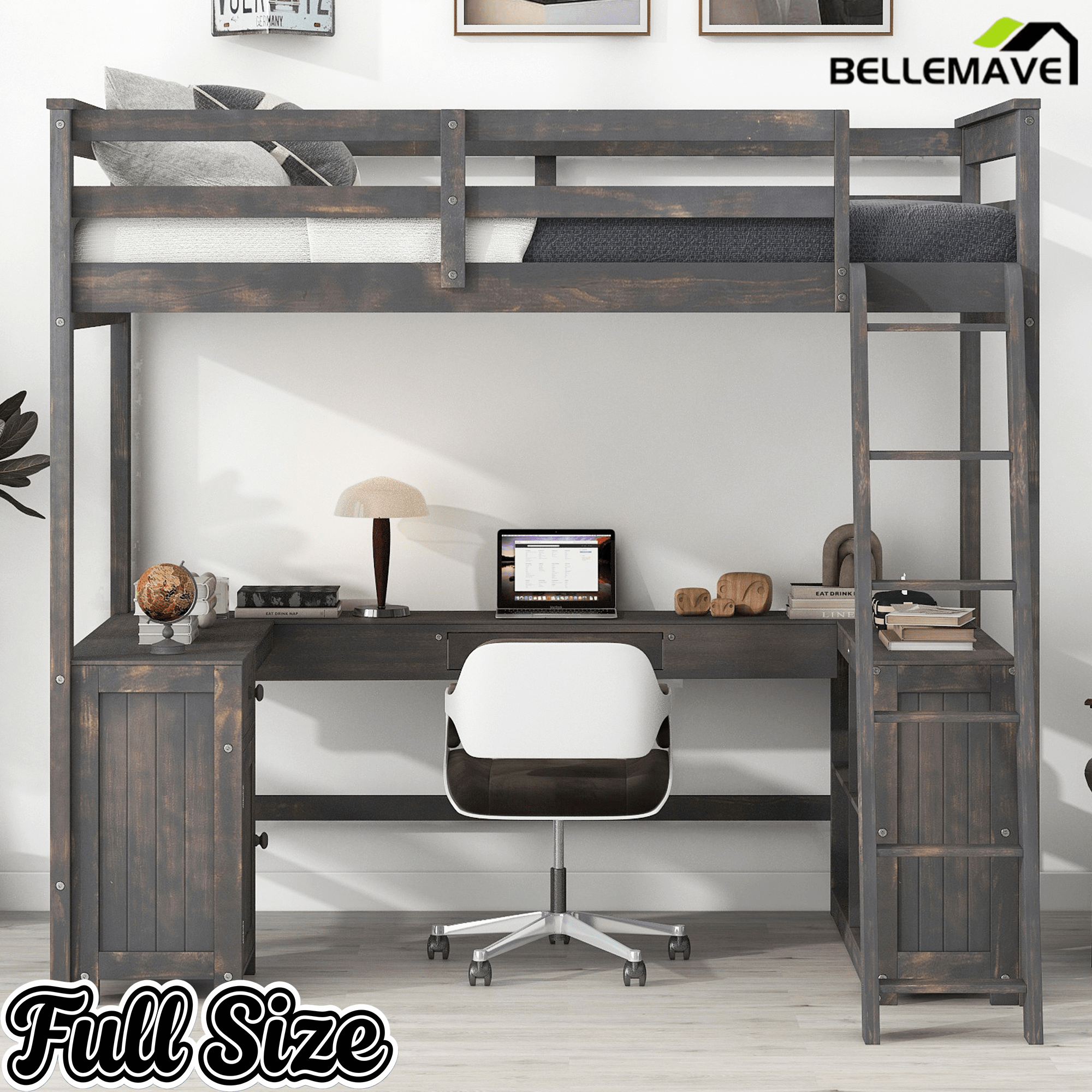 Bellemave® Loft Bed with U - Shaped Desk,Drawers,Full - Length Guardrails,Ladder & Storage Shelves,Antique Brown - Bellemave