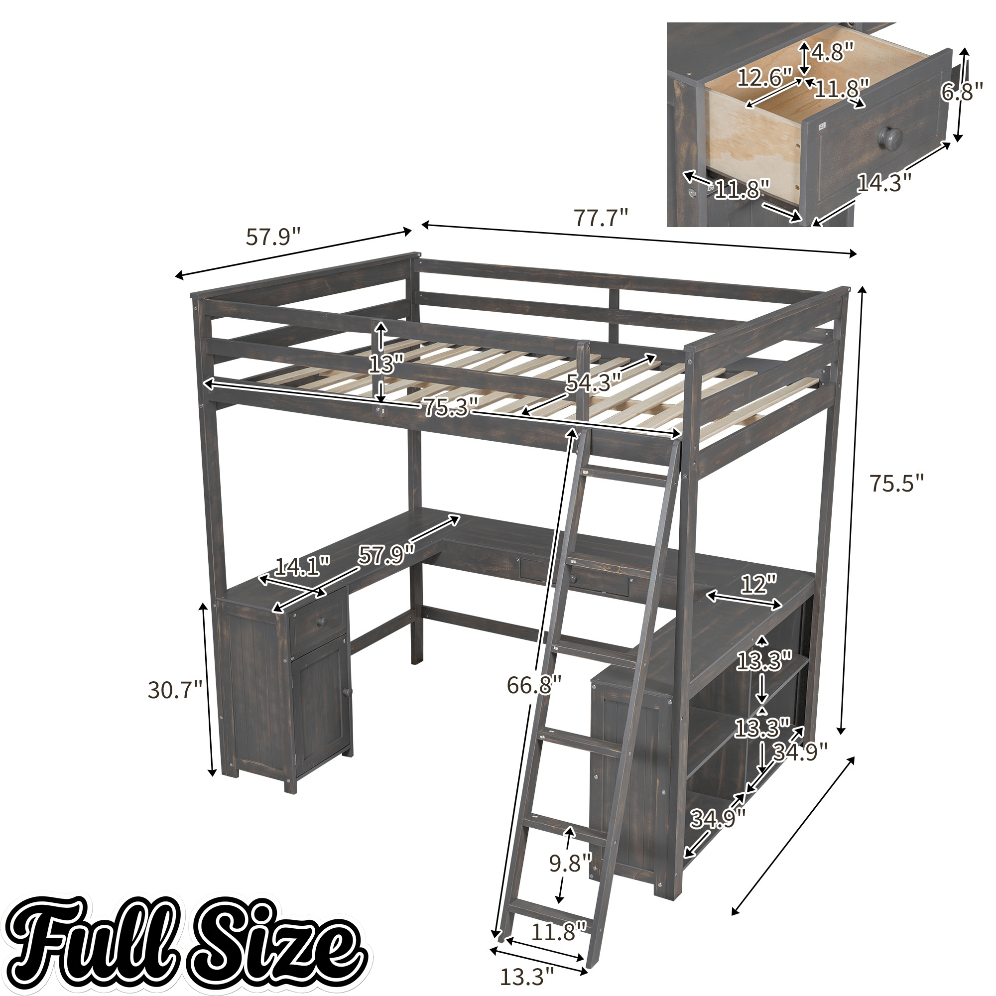 Bellemave® Loft Bed with U - Shaped Desk,Drawers,Full - Length Guardrails,Ladder & Storage Shelves,Antique Brown - Bellemave