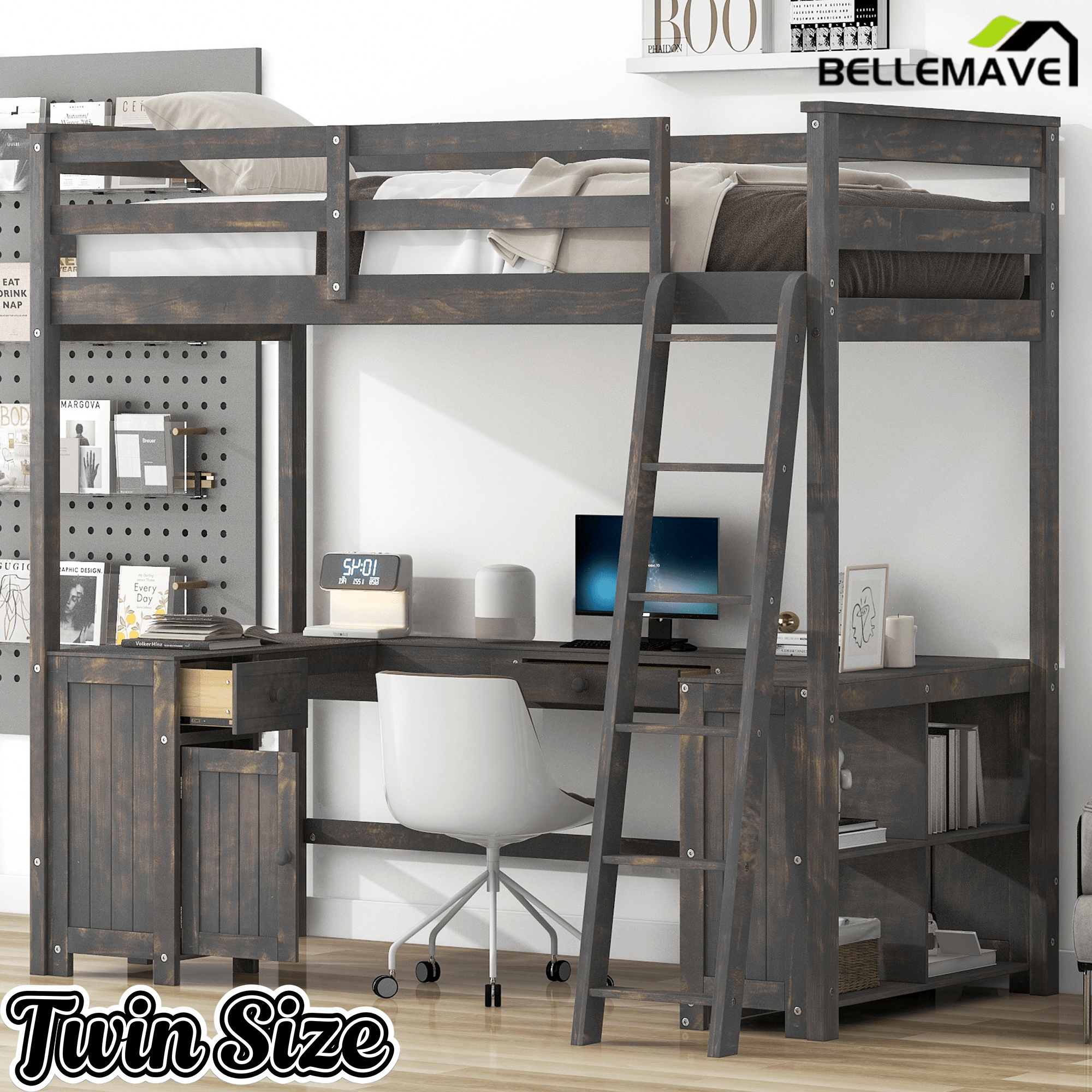 Bellemave® Loft Bed with U - Shaped Desk,Drawers,Full - Length Guardrails,Ladder & Storage Shelves,Antique Brown - Bellemave