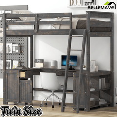 Bellemave® Loft Bed with U - Shaped Desk,Drawers,Full - Length Guardrails,Ladder & Storage Shelves,Antique Brown - Bellemave