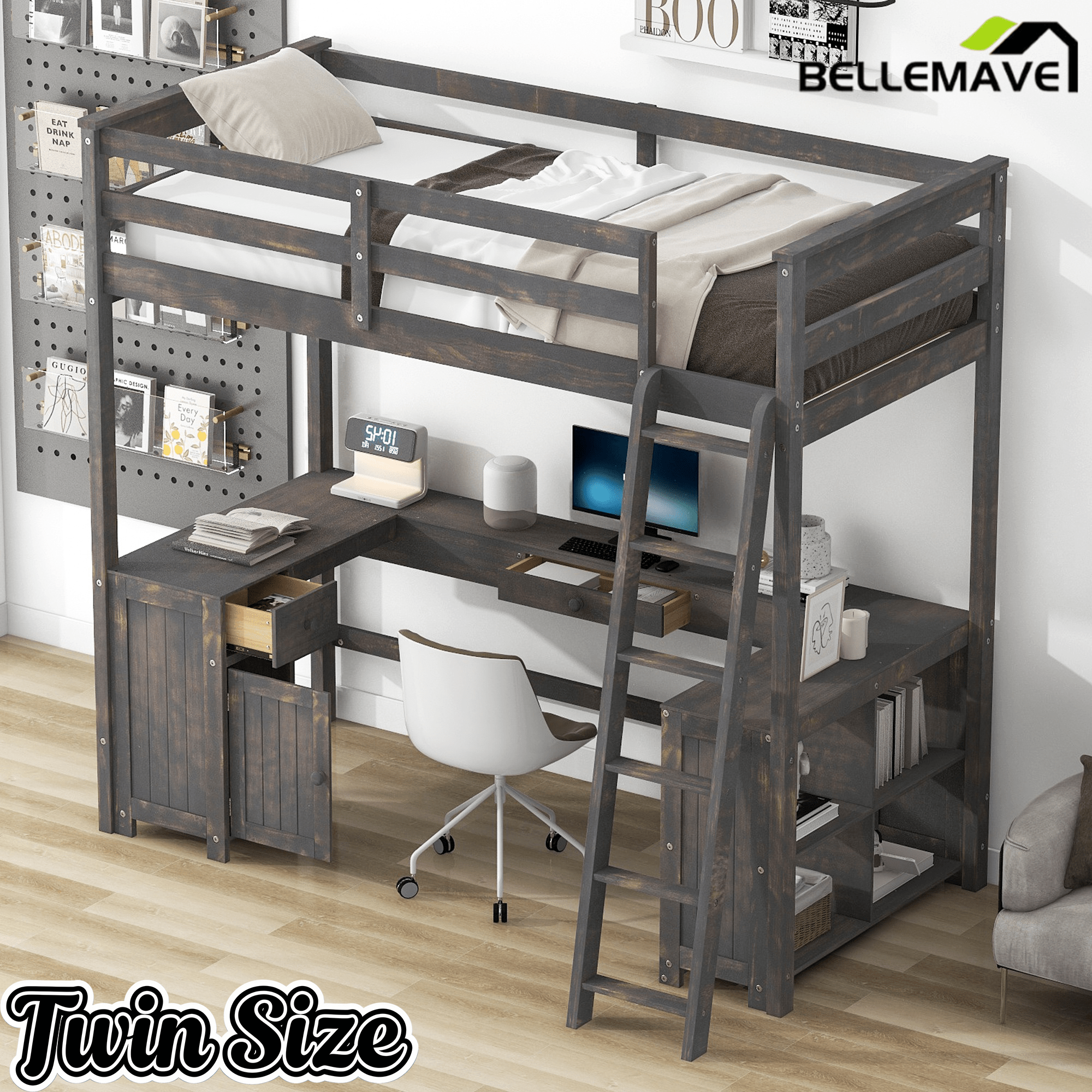 Bellemave® Loft Bed with U - Shaped Desk,Drawers,Full - Length Guardrails,Ladder & Storage Shelves,Antique Brown - Bellemave