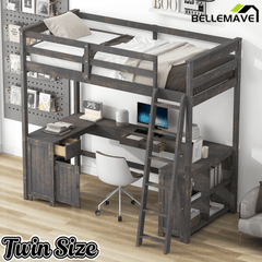 Bellemave® Loft Bed with U - Shaped Desk,Drawers,Full - Length Guardrails,Ladder & Storage Shelves,Antique Brown - Bellemave