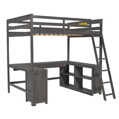Bellemave® Loft Bed with U - Shaped Desk,Drawers,Full - Length Guardrails,Ladder & Storage Shelves,Antique Brown - Bellemave