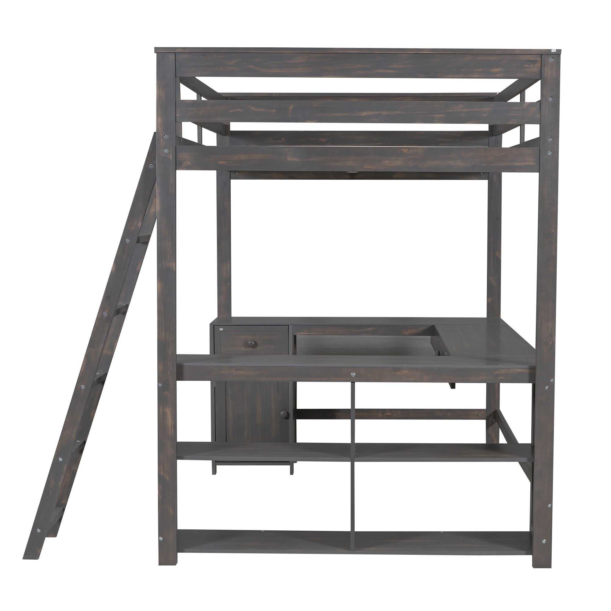Bellemave® Loft Bed with U - Shaped Desk,Drawers,Full - Length Guardrails,Ladder & Storage Shelves,Antique Brown - Bellemave