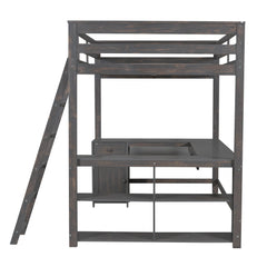 Bellemave® Loft Bed with U - Shaped Desk,Drawers,Full - Length Guardrails,Ladder & Storage Shelves,Antique Brown - Bellemave