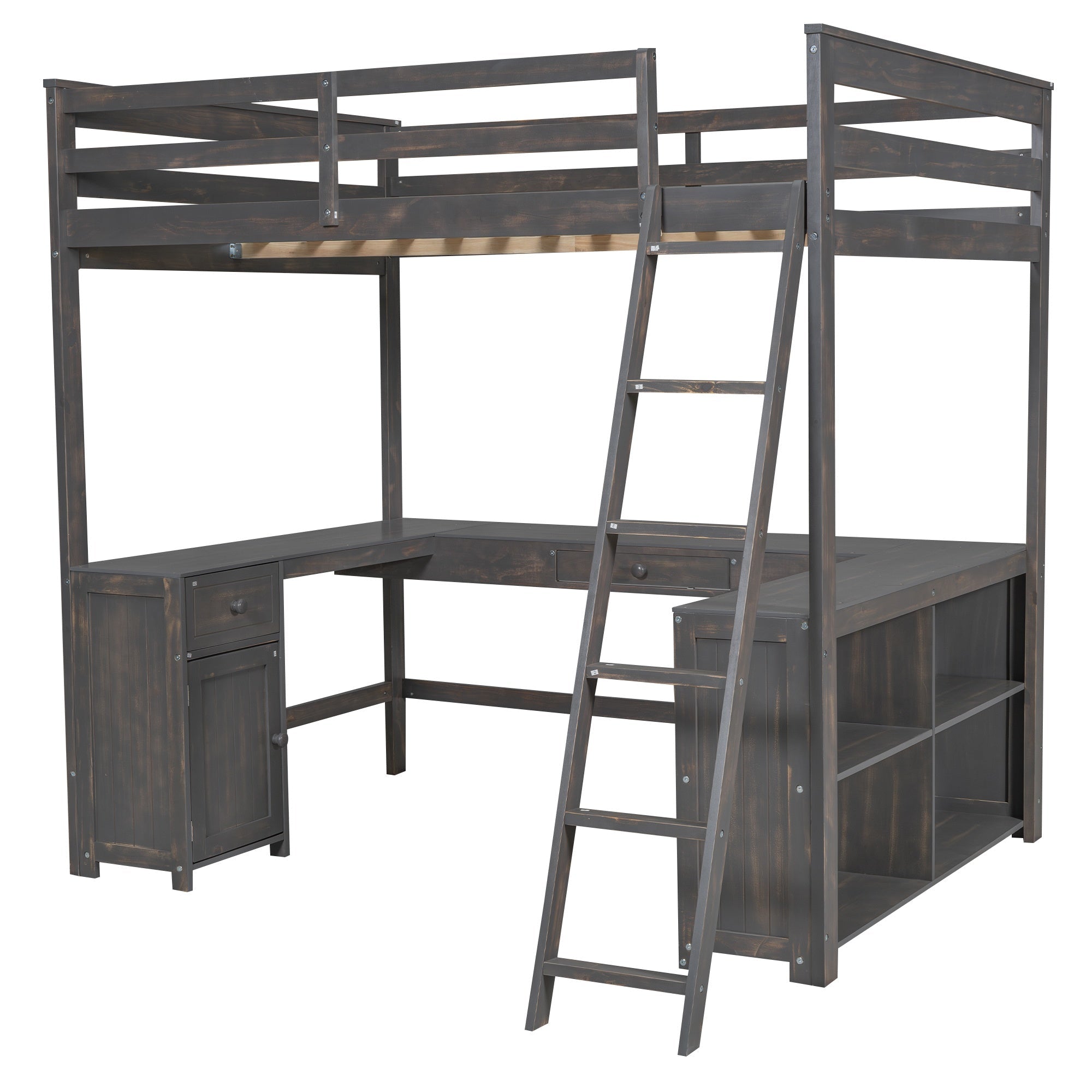 Bellemave® Loft Bed with U - Shaped Desk,Drawers,Full - Length Guardrails,Ladder & Storage Shelves,Antique Brown - Bellemave