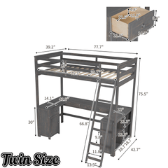 Bellemave® Loft Bed with U - Shaped Desk,Drawers,Full - Length Guardrails,Ladder & Storage Shelves,Antique Brown - Bellemave