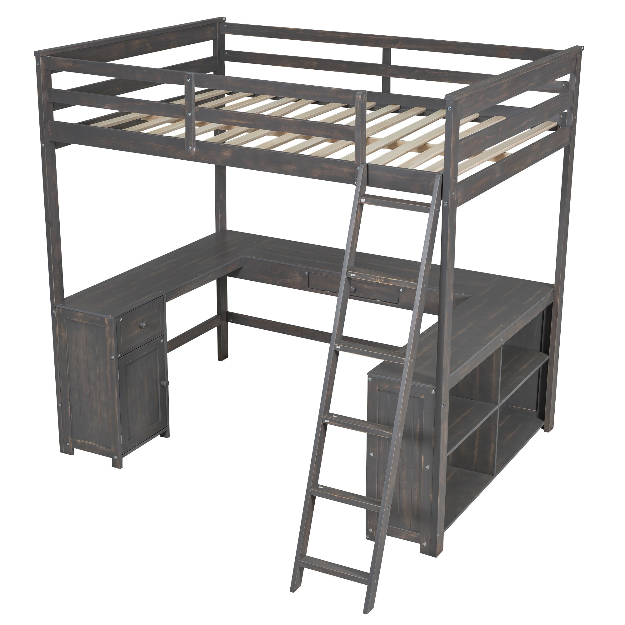 Bellemave® Loft Bed with U - Shaped Desk,Drawers,Full - Length Guardrails,Ladder & Storage Shelves,Antique Brown - Bellemave