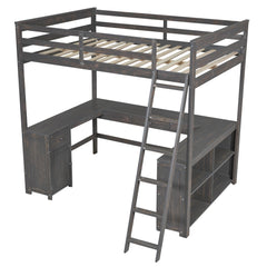 Bellemave® Loft Bed with U - Shaped Desk,Drawers,Full - Length Guardrails,Ladder & Storage Shelves,Antique Brown - Bellemave