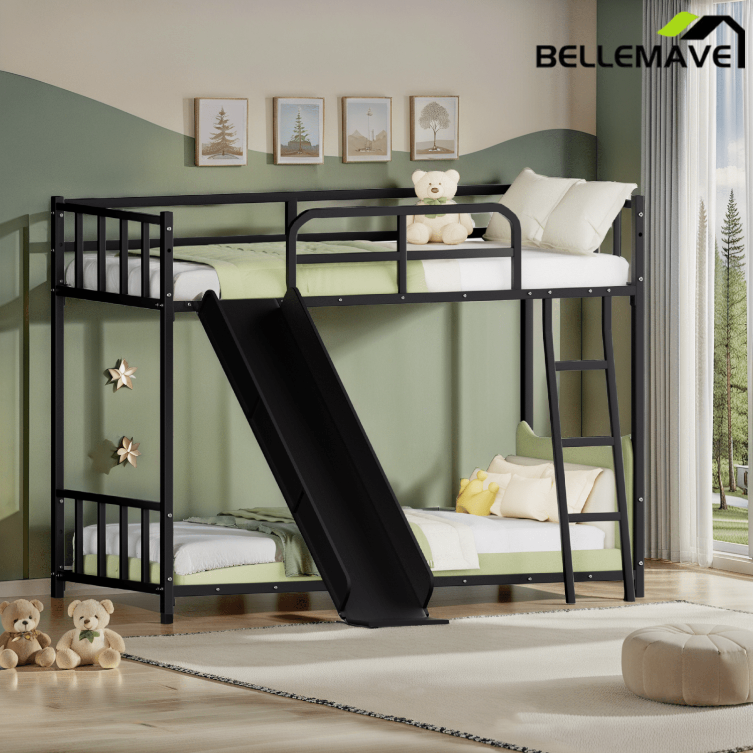 Bellemave® Loft Bunk Bed Twin Over Twin Size with Ladder and Slide, Heavy Duty Metal Slats Support with Guardrail, No Box Spring Needed for Bedroom Dorm, Black - Bellemave