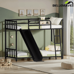 Bellemave® Loft Bunk Bed Twin Over Twin Size with Ladder and Slide, Heavy Duty Metal Slats Support with Guardrail, No Box Spring Needed for Bedroom Dorm, Black - Bellemave