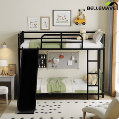 Bellemave® Loft Bunk Bed Twin Over Twin Size with Ladder and Slide, Heavy Duty Metal Slats Support with Guardrail, No Box Spring Needed for Bedroom Dorm, Black - Bellemave