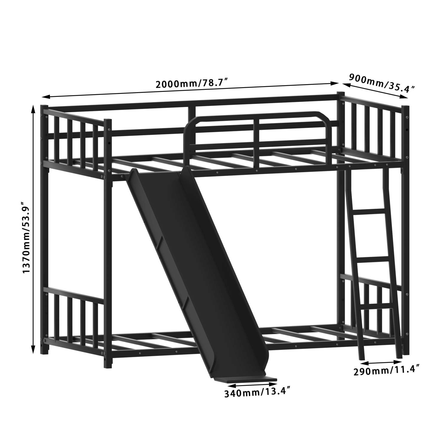 Bellemave® Loft Bunk Bed Twin Over Twin Size with Ladder and Slide, Heavy Duty Metal Slats Support with Guardrail, No Box Spring Needed for Bedroom Dorm, Black - Bellemave