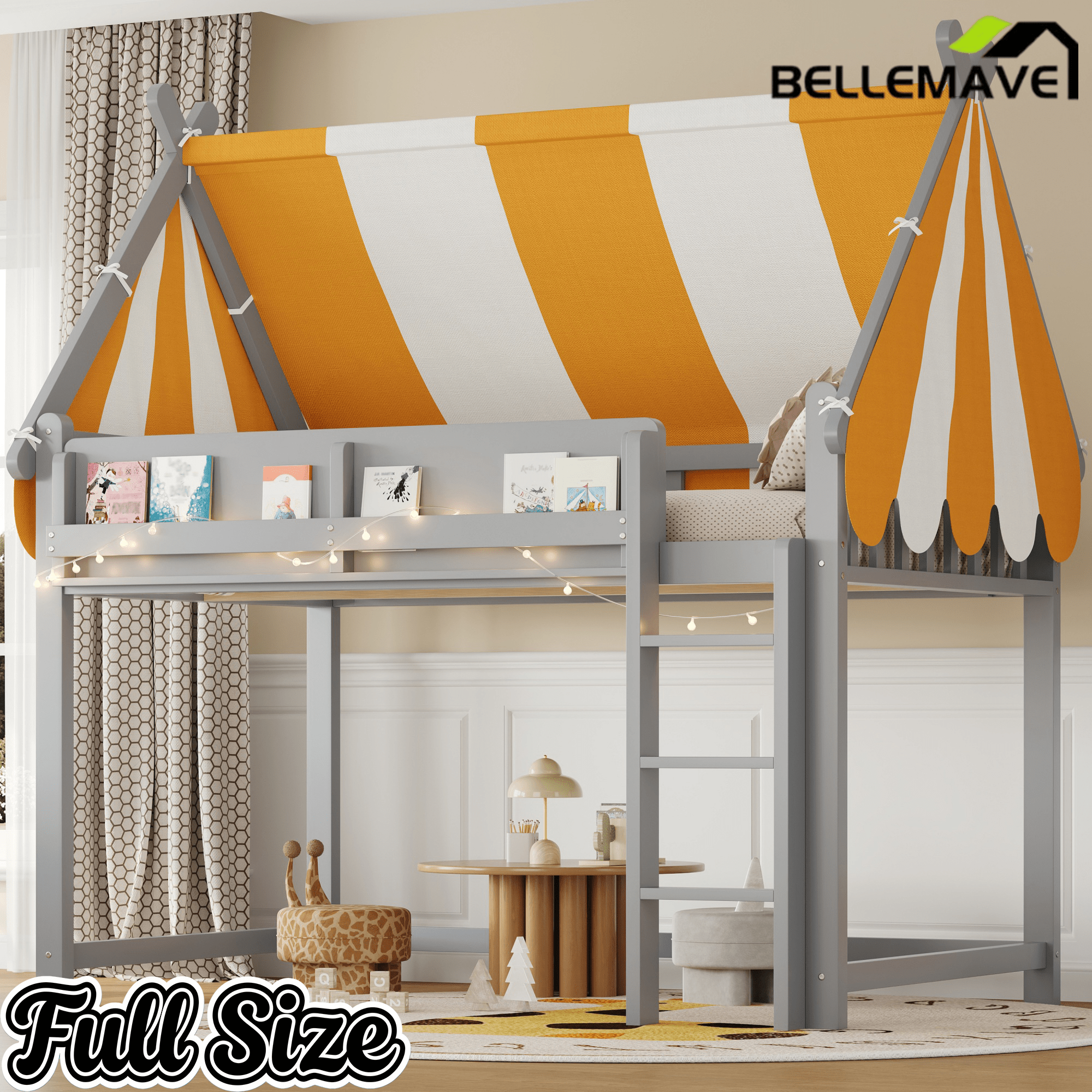 Bellemave® Loft House Bed with Canopy, Light & Bookshelf, High Play Area Under Bed, - Bellemave