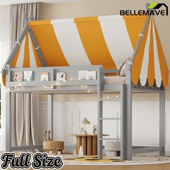 Bellemave® Loft House Bed with Canopy, Light & Bookshelf, High Play Area Under Bed, - Bellemave