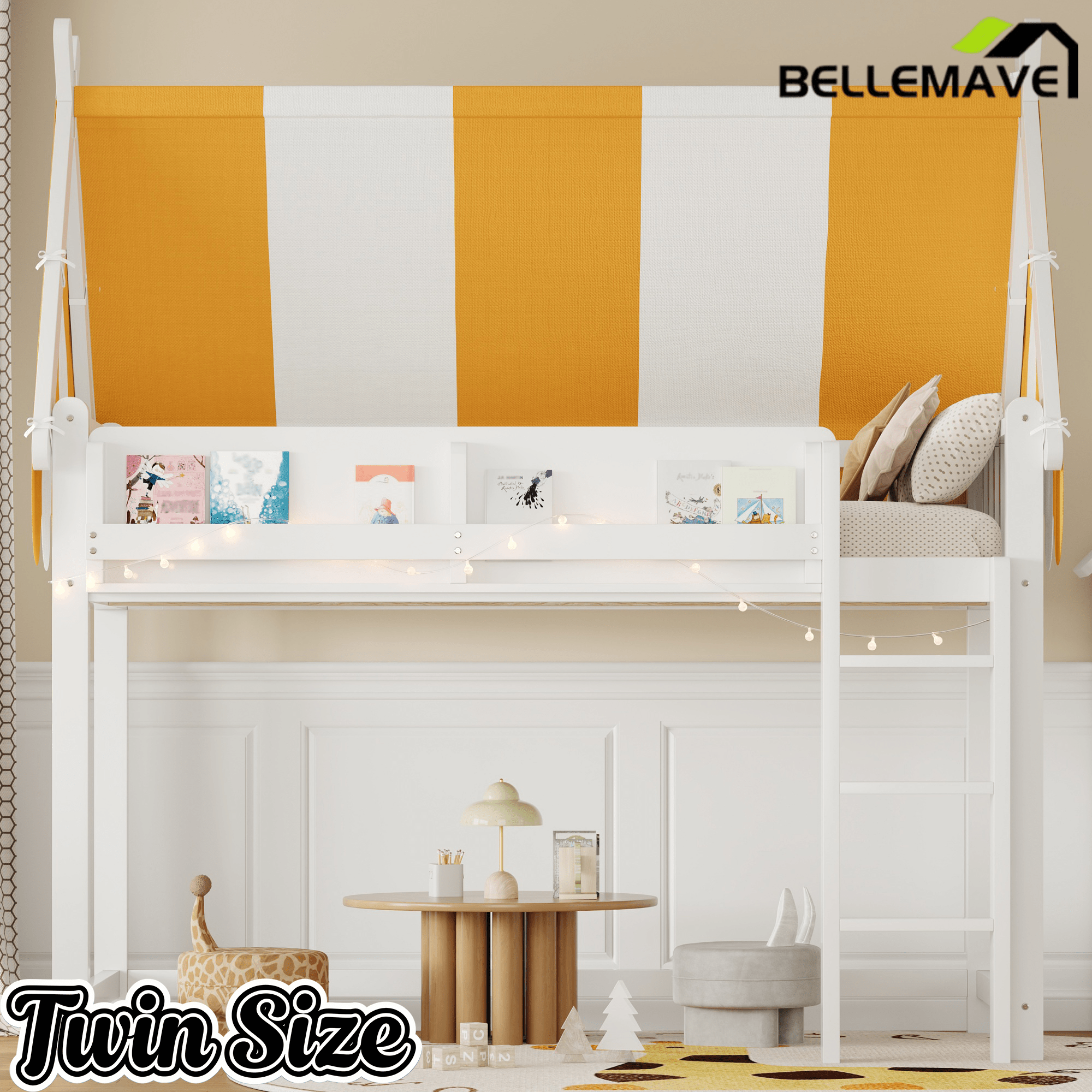 Bellemave® Loft House Bed with Canopy, Light & Bookshelf, High Play Area Under Bed, - Bellemave