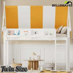 Bellemave® Loft House Bed with Canopy, Light & Bookshelf, High Play Area Under Bed, - Bellemave