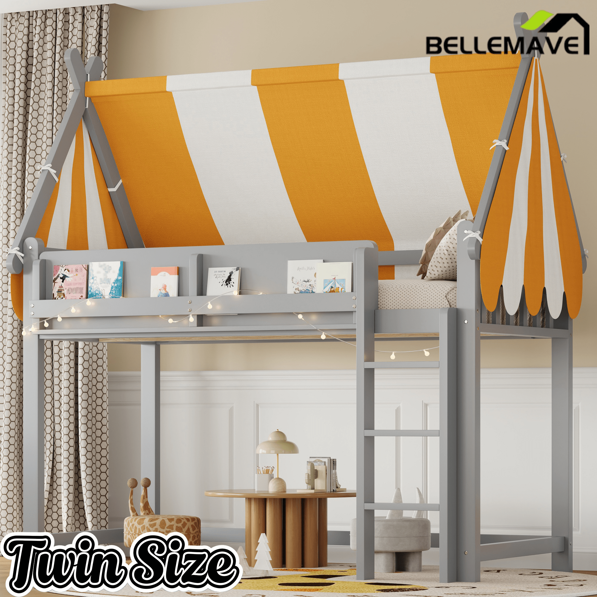 Bellemave® Loft House Bed with Canopy, Light & Bookshelf, High Play Area Under Bed, - Bellemave