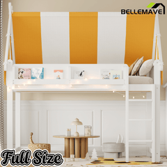 Bellemave® Loft House Bed with Canopy, Light & Bookshelf, High Play Area Under Bed, - Bellemave