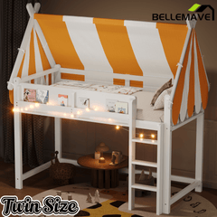 Bellemave® Loft House Bed with Canopy, Light & Bookshelf, High Play Area Under Bed, - Bellemave