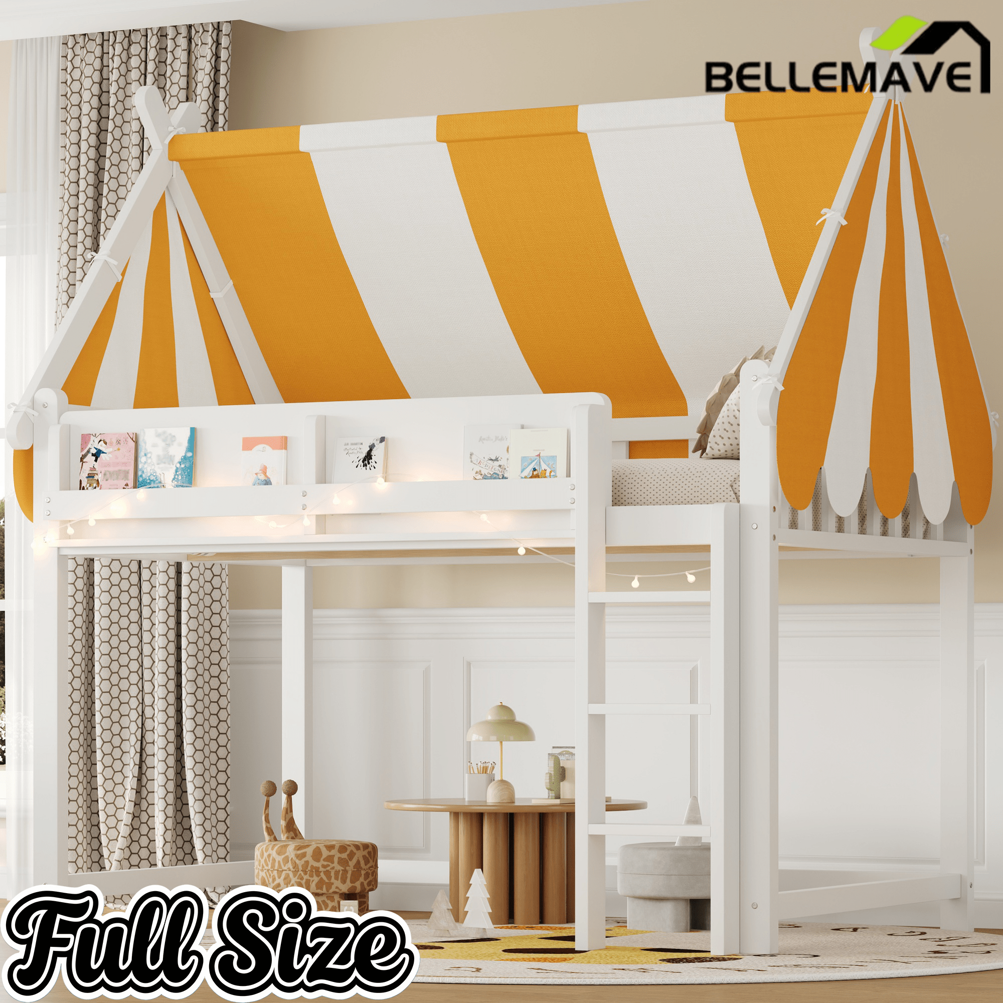 Bellemave® Loft House Bed with Canopy, Light & Bookshelf, High Play Area Under Bed, - Bellemave