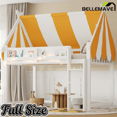 Bellemave® Loft House Bed with Canopy, Light & Bookshelf, High Play Area Under Bed, - Bellemave
