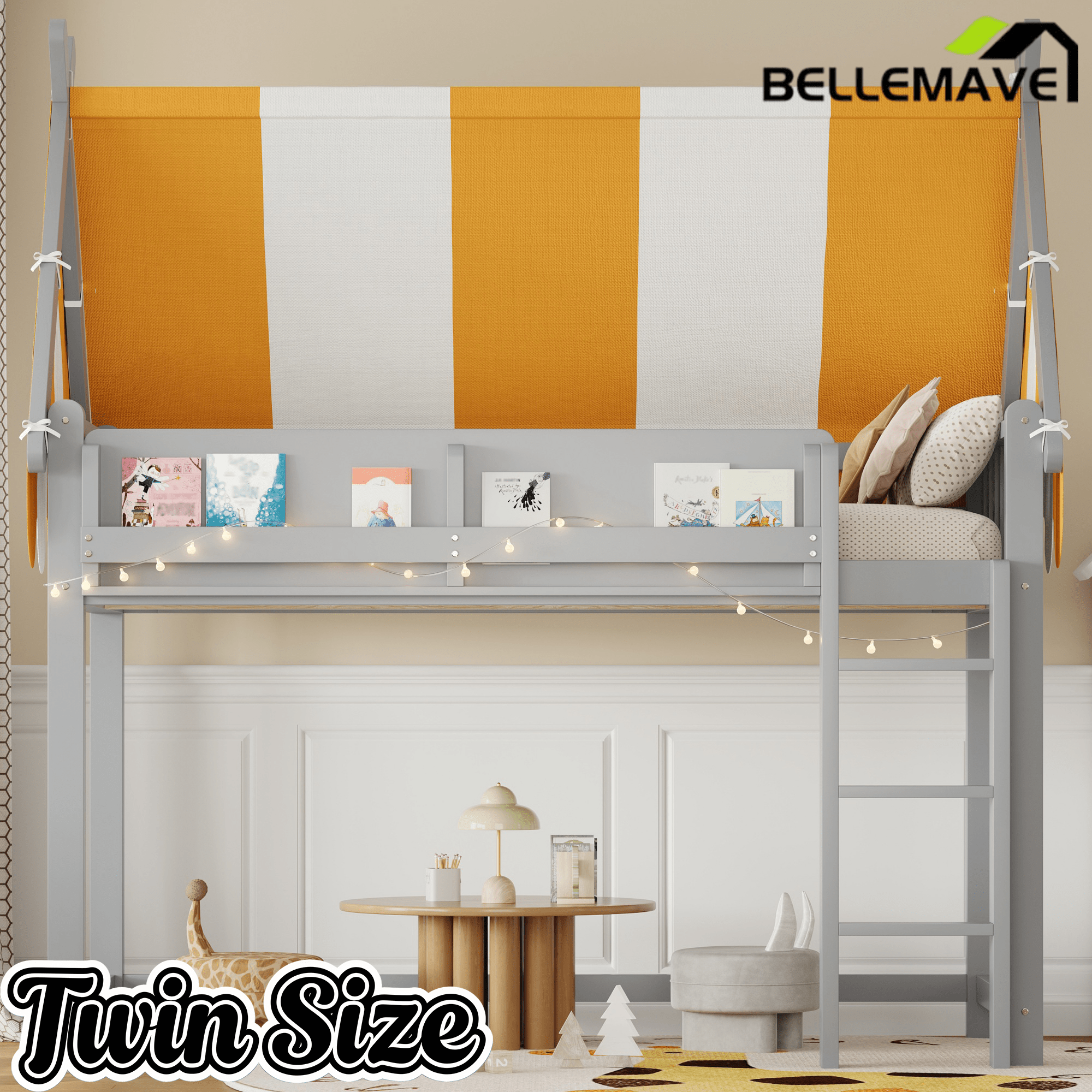 Bellemave® Loft House Bed with Canopy, Light & Bookshelf, High Play Area Under Bed, - Bellemave