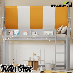 Bellemave® Loft House Bed with Canopy, Light & Bookshelf, High Play Area Under Bed, - Bellemave