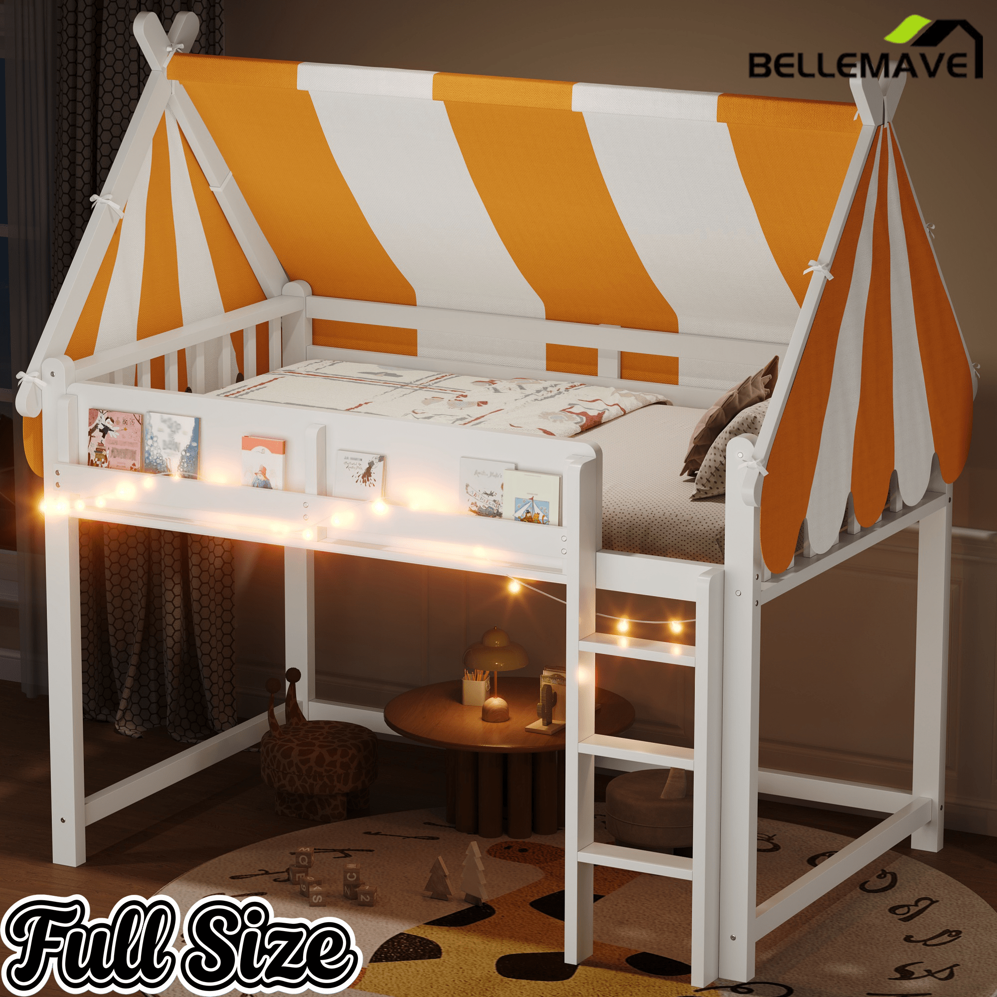 Bellemave® Loft House Bed with Canopy, Light & Bookshelf, High Play Area Under Bed, - Bellemave