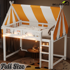 Bellemave® Loft House Bed with Canopy, Light & Bookshelf, High Play Area Under Bed, - Bellemave