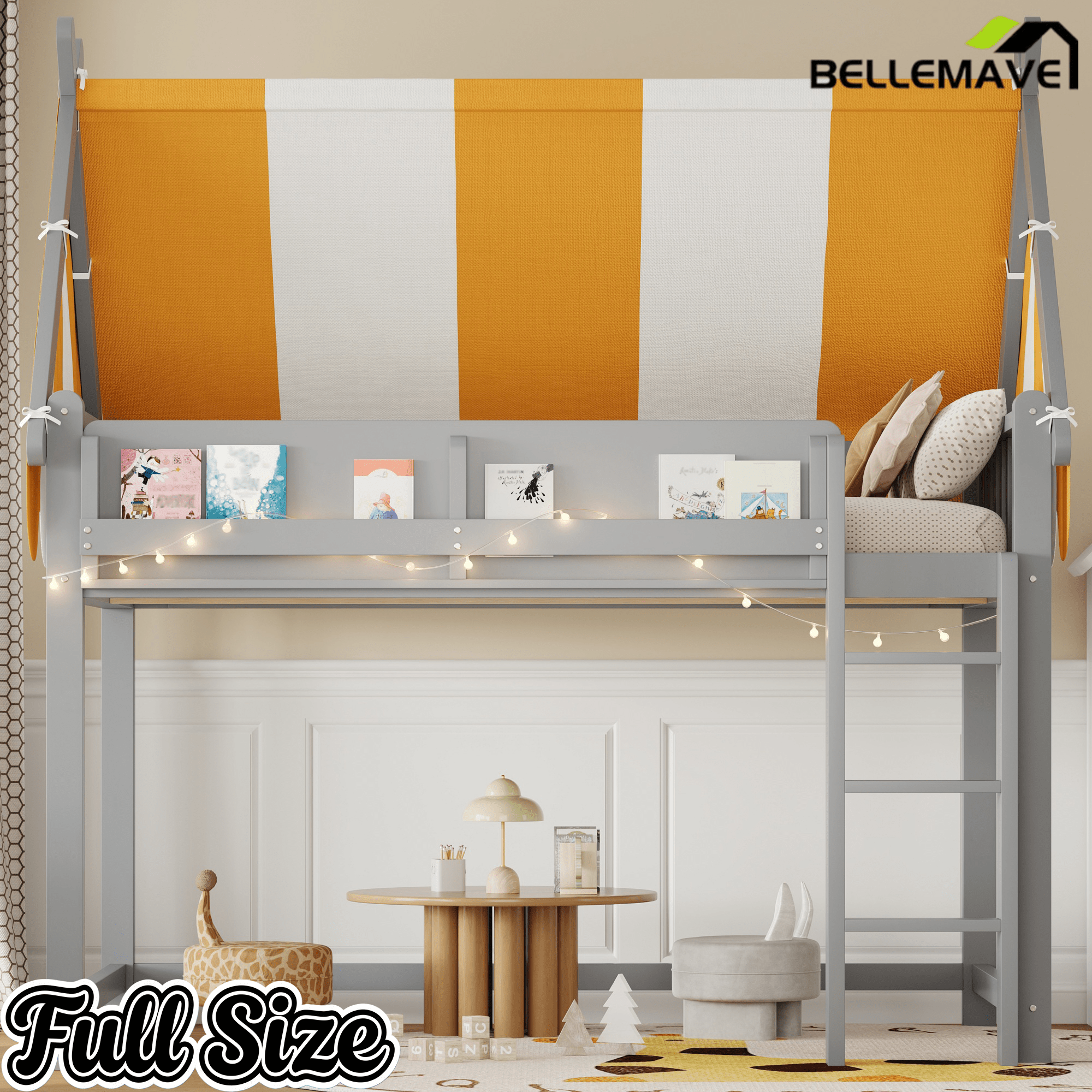 Bellemave® Loft House Bed with Canopy, Light & Bookshelf, High Play Area Under Bed, - Bellemave