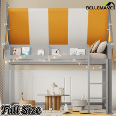 Bellemave® Loft House Bed with Canopy, Light & Bookshelf, High Play Area Under Bed, - Bellemave
