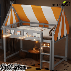 Bellemave® Loft House Bed with Canopy, Light & Bookshelf, High Play Area Under Bed, - Bellemave