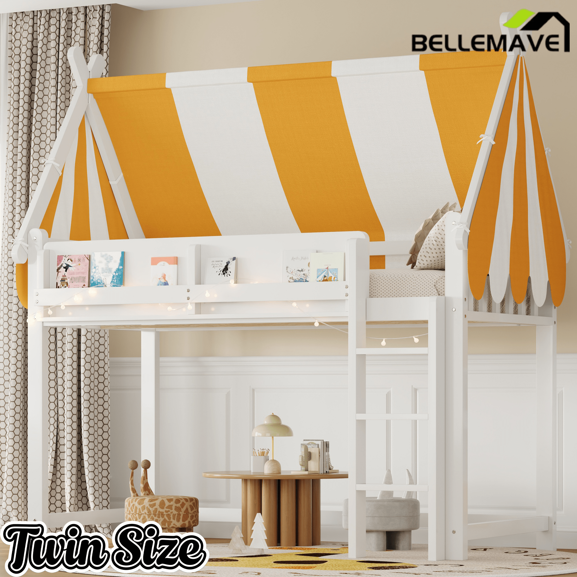 Bellemave® Loft House Bed with Canopy, Light & Bookshelf, High Play Area Under Bed, - Bellemave
