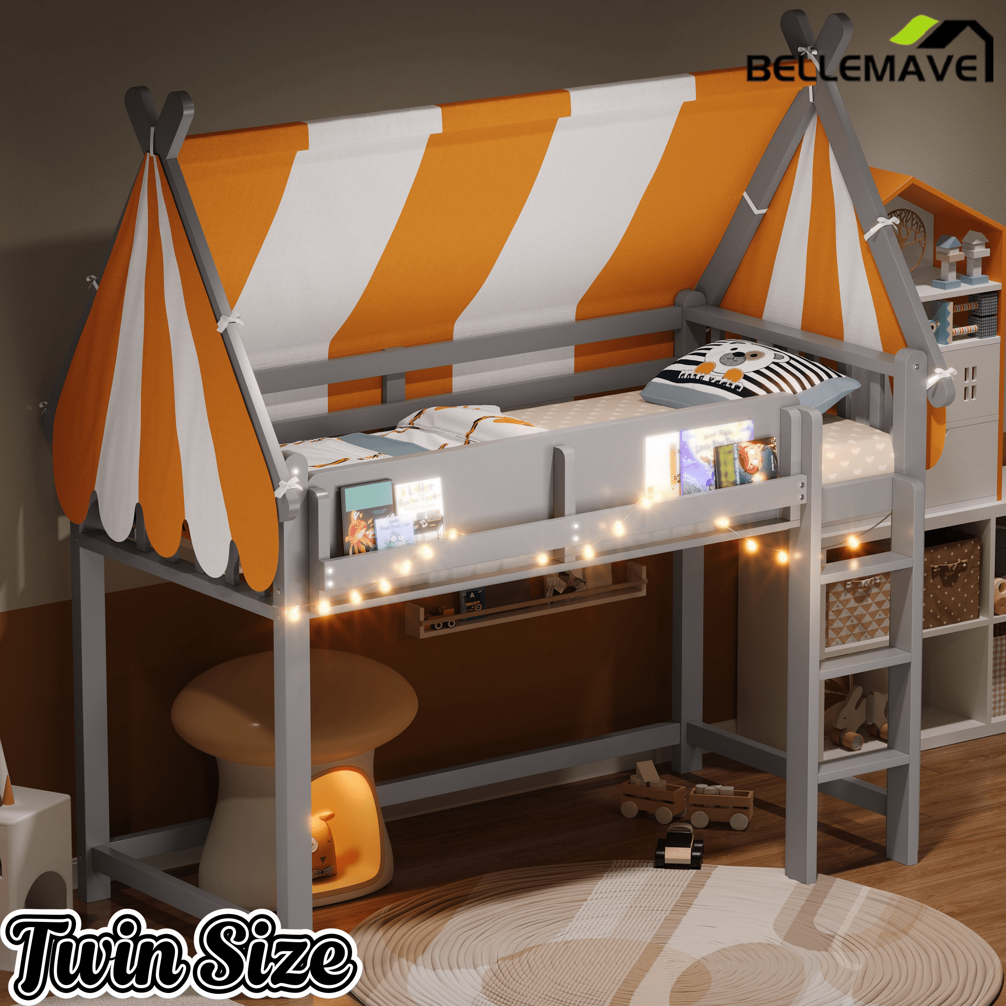 Bellemave® Loft House Bed with Canopy, Light & Bookshelf, High Play Area Under Bed, - Bellemave