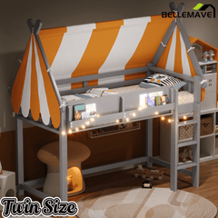 Bellemave® Loft House Bed with Canopy, Light & Bookshelf, High Play Area Under Bed, - Bellemave
