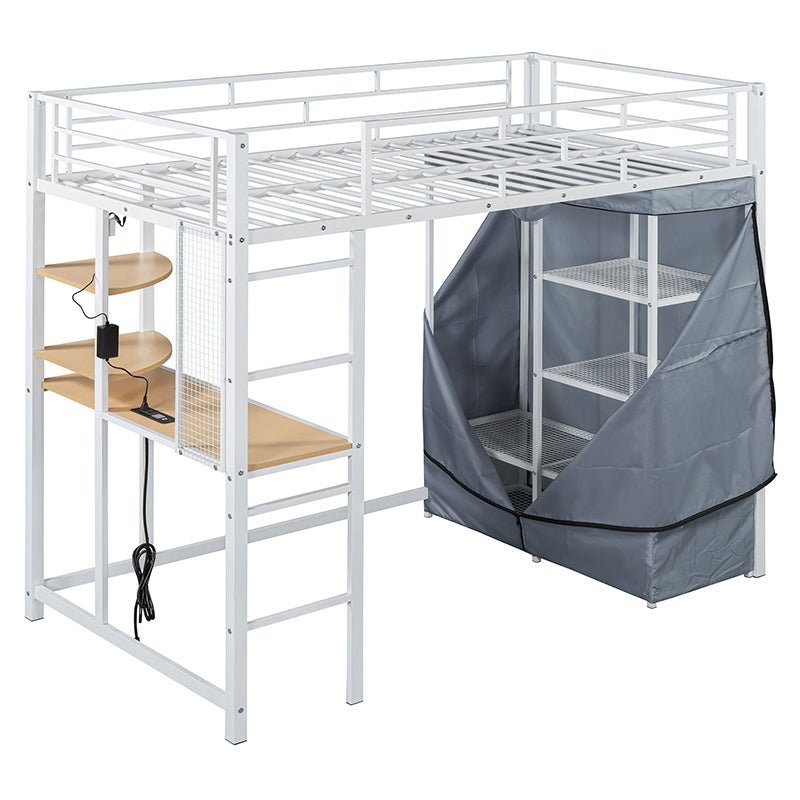 Bellemave® Loft Metal Bed with Desk,Shelves,Power Outlet,LED Light and Wardrobe - Bellemave