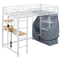 Bellemave® Loft Metal Bed with Desk,Shelves,Power Outlet,LED Light and Wardrobe - Bellemave